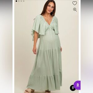 Light Olive Flounce Sleeve Tiered Maternity Dress Small